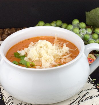Tomato Soup with Roasted Garlic, Basil and Asiago Cheese
