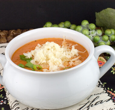 Tomato Soup with Roasted Garlic, Basil and Asiago Cheese