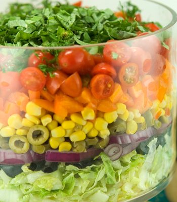 Seven Layer Salad with Creamy Salsa Dressing | afoodieaffair.com