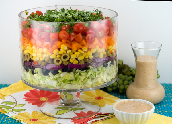 Seven Layer Salad with Creamy Salsa Dressing | afoodieaffair.com